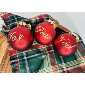 Vintage Set Glass Ornaments Bulbs Peace Joy Noel Red & Gold Glitter Estate Find